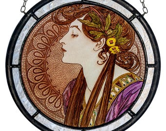 Mucha stained glass - suncatcher - kiln-fired glass art - Laurel suncatcher - Art Nouveau decoration - jugendstil - vitrage -vitráž