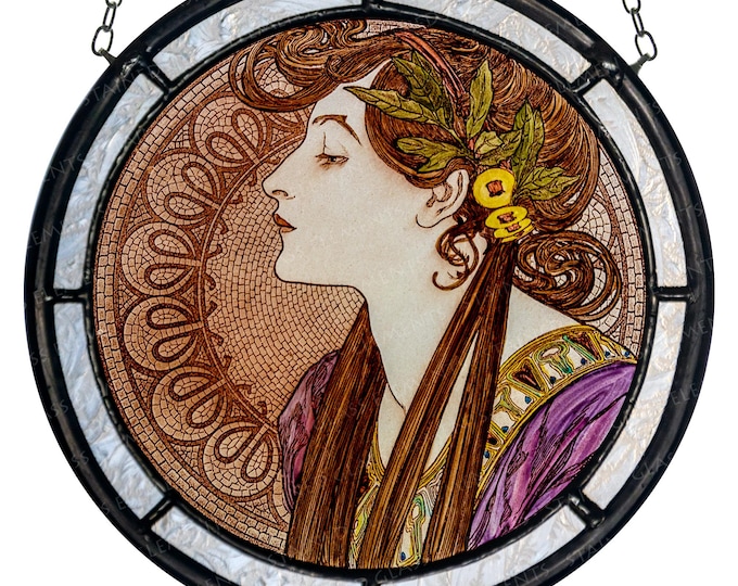 Mucha stained glass - suncatcher - kiln-fired glass art - Laurel suncatcher - Art Nouveau decoration - jugendstil - vitrage -vitráž