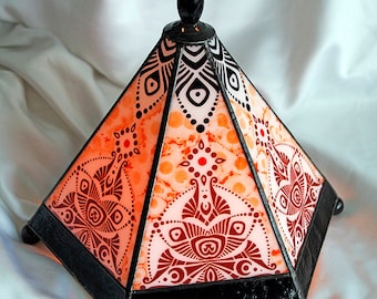 Amsterdam School lamp, Art deco lamp, Amsterdamse School, kilnfired glass lamp, silkscreened lampshade, stained glass lampshade, pyrochrome