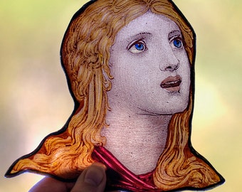 stained glass portrait of young girl, semi finished stained glass, stained glass fragment, vintage stained glass, glass painting, витраж