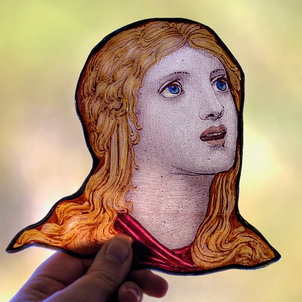 stained glass portrait of young girl, semi finished stained glass, stained glass fragment, vintage stained glass, glass painting, витраж