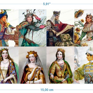 May include: A collage of eight vintage illustrations depicting people in traditional clothing from different cultures. The illustrations are in a colorful style and feature a variety of details, such as intricate patterns, jewelry, and headwear. The collage is approximately 5.91 inches wide and 3.94 inches tall.