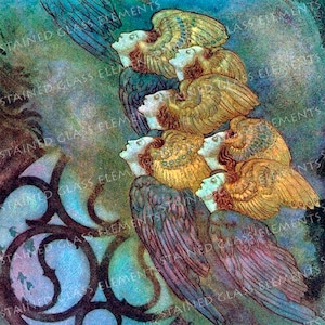 May include: A painting of a group of angels with wings, painted in a watercolor style with a blue, green, and gold color scheme.