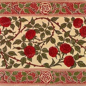 Puede incluir: Un diseño floral vintage con rosas rojas y hojas verdes sobre un fondo crema. El diseño está enmarcado por un borde rojo y verde con un patrón de puntos repetidos.