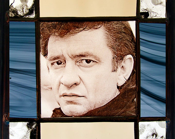 Johnny Cash stained glass kiln fired suncatcher of this country singer in black handcrafted traditional art beautiful gift for her and him