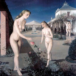 May include: A painting depicting three nude figures in a garden setting. The figures are standing near a rose bush and a fountain. The background features a white building with a green roof and a blue sky with stars.