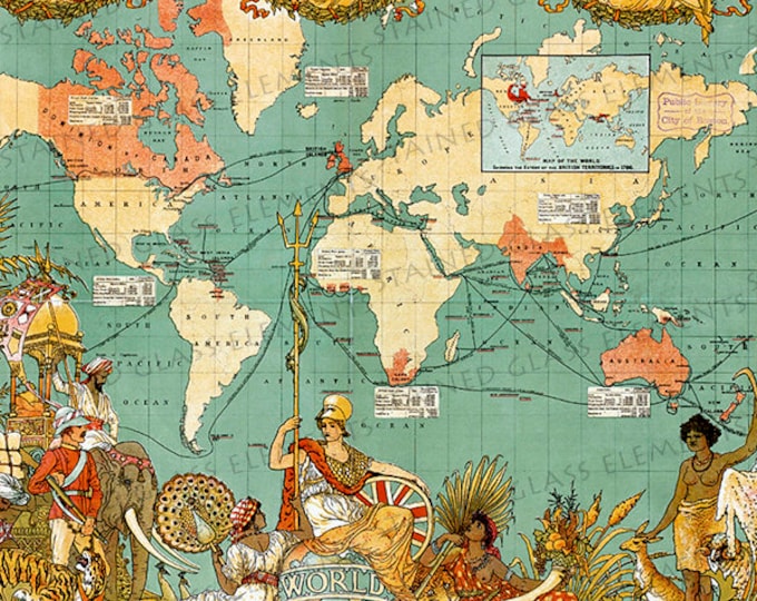 World map ceramic decal, Walter Crane decals, world map, image transfers, decals for glass, decals for ceramics, decals for enamelling, map