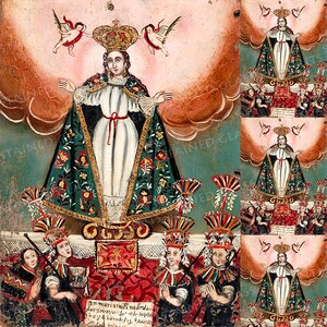 May include: A painting depicting the Virgin Mary in a green and gold robe, with a crown on her head. She is surrounded by clouds and angels. The painting is in a traditional style, with bright colours and a simple composition. The text at the bottom of the painting reads "En la mariana de N. Señora doy gracias por ser la madre de Dios y de toda la humanidad."
