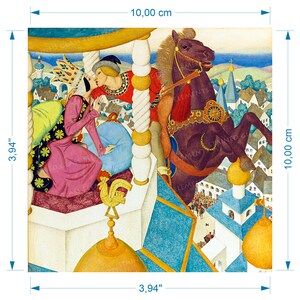 Könnte beinhalten: Eine farbenfrohe Illustration, die eine Szene aus einem Märchen darstellt. Ein Ritter auf einem sich aufbäumenden Pferd, in rot-goldener Rüstung, ist im Begriff, eine Prinzessin in einem rosa Kleid zu küssen. Die Szene spielt auf einem Balkon mit Blick auf eine Stadt im Hintergrund.