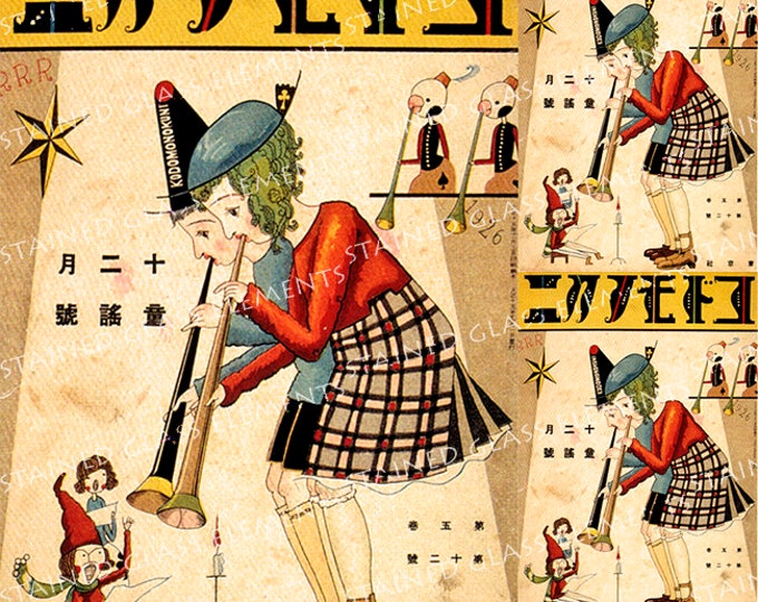 Ceramic decal children, old illustration, size 3.94 x 3.94 inch, firing temperature 1400-1562 ºF, ceramic transfer, japanese illustration
