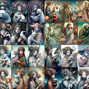 May include: A collection of fantasy art prints featuring women with animals. The artwork showcases a variety of creatures, including a polar bear, rabbit, badger, fox, zebra, and more. The color palette includes blues, greens, and earth tones.