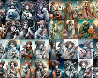 Fantasy Portraits Ceramic Decal Sheet – 32 Fusible Transfers for Pottery, Mysterious Animal Decals, Jewelry decals, Decoration for Ceramics