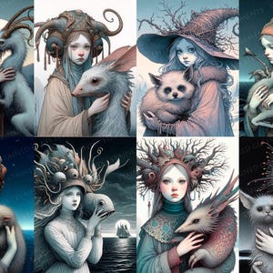 Puede incluir: Ocho retratos de arte digital de mujeres con criaturas fantásticas, en suaves tonos azules, rosas y morados. Cada mujer lleva un elaborado tocado. La obra de arte tiene una estética caprichosa y etérea, con un estilo consistente.