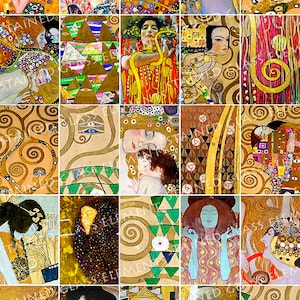 Könnte beinhalten: Eine Sammlung von 25 rechteckigen Kunstdrucken mit verschiedenen Gemälden von Gustav Klimt. Die Kunstwerke zeigen Porträts und abstrakte Designs, mit einer dominanten Farbpalette aus Gold, Braun und Grün. Die Drucke haben eine Vintage-Ästhetik.