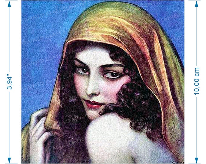 Art deco ceramic decal portrait of exotic young lady with headscarf fusible transfers for ceramics glass fusing tiles and enameling copper