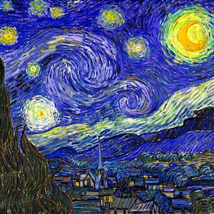 May include: A painting of a starry night sky with a large yellow moon and swirling clouds. The sky is a deep blue with white and yellow stars. The painting also features a small town with a church steeple in the foreground.