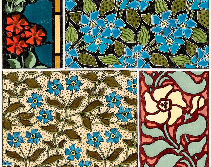 Floral Art Nouveau motifs Ceramic decal fusible transfers for decoration of ceramics glassfusing glass tiles and enameling botanical vintage