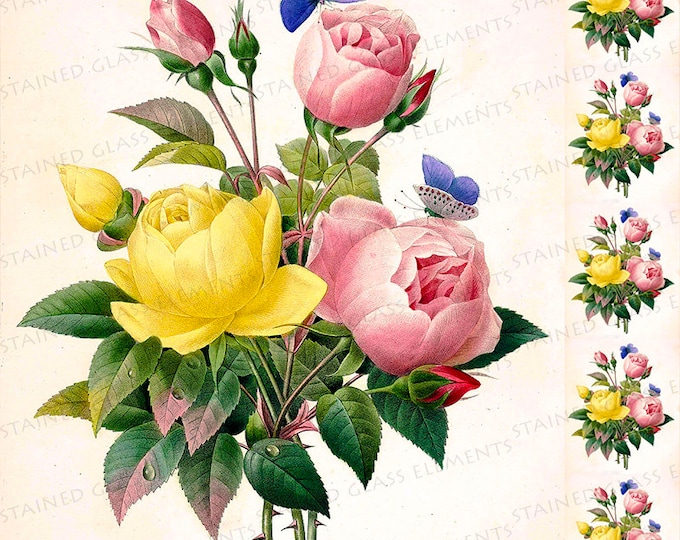 Flowers bouquet ceramic decal Austrian Briars & China Roses fusible transfer for decoration of ceramics glassfusing glasstiles and enameling