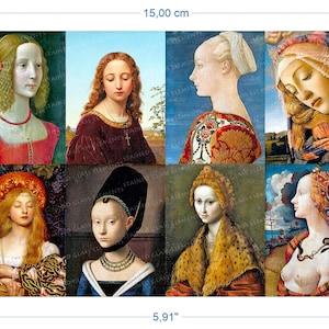 以下が含まれることがあります： 9人の女性の肖像画のコラージュ。それぞれ異なる髪型と服装をしています。女性たちは、細部まで描かれた特徴と豊かな色彩で、ルネサンス様式で描かれています。肖像画はグリッドパターンで配置され、薄い青色の背景になっています。