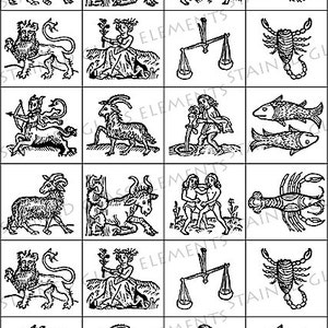 Op de afbeelding: Een zwart-witte illustratie van de twaalf dierenriemtekens. De tekens zijn afgebeeld in een traditionele stijl, waarbij elk teken wordt weergegeven door een uniek dier of symbool. De tekens zijn gerangschikt in een raster, waarbij elk teken een eigen vierkant inneemt.