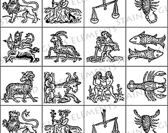 Ceramic decals, black, zodiac ceramic transfers, astrology transfers, astrology ceramic decals, decals for glass pendants, decals enamelling