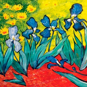 May include: A painting of blue irises with green leaves against a yellow background. The bottom of the painting is red.
