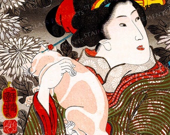May include: A traditional Japanese woodblock print depicting a woman in a colorful kimono holding a white cat. The woman has black hair and is wearing a red headband. The cat is sitting on her lap and has a red dot on its forehead. The background is a dark gray with white flowers.