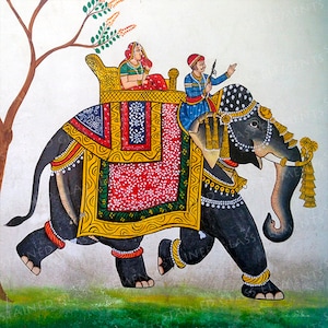 May include: A hand-painted illustration of a black elephant with a colourful howdah, carrying a man and woman in traditional Indian clothing. The elephant is adorned with gold and pearl decorations, and the howdah is decorated with floral patterns.