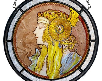 Mucha stained glass - medallion - kiln-fired glass art - Byzantine suncatcher - Art Nouveau -decoration - jugendstil raamhanger - vitráž
