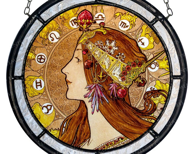 Mucha stained glass medallion - kiln-fired glass art - Zodiac suncatcher - Art Nouveau decoration gift jugendstil vitrage vitráž ステンドグラス