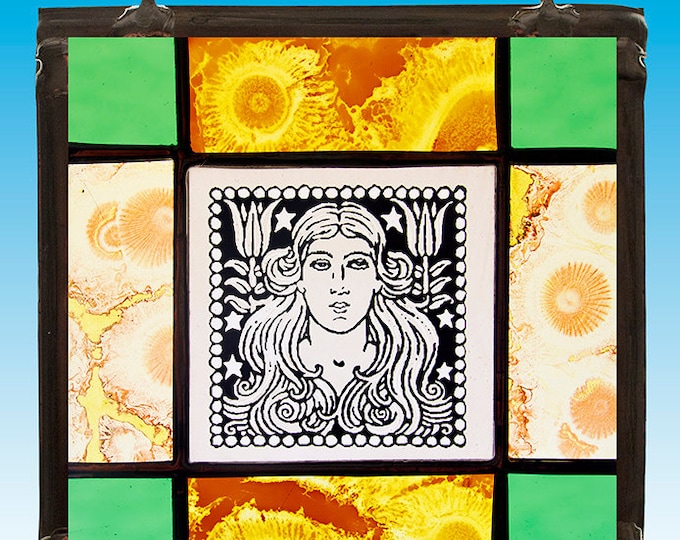 Virgo stained glass suncatcher, Virgo suncatcher, zodiac signs, Virgo stained glass, silverstain, kilnfired stained glass, birthday gift