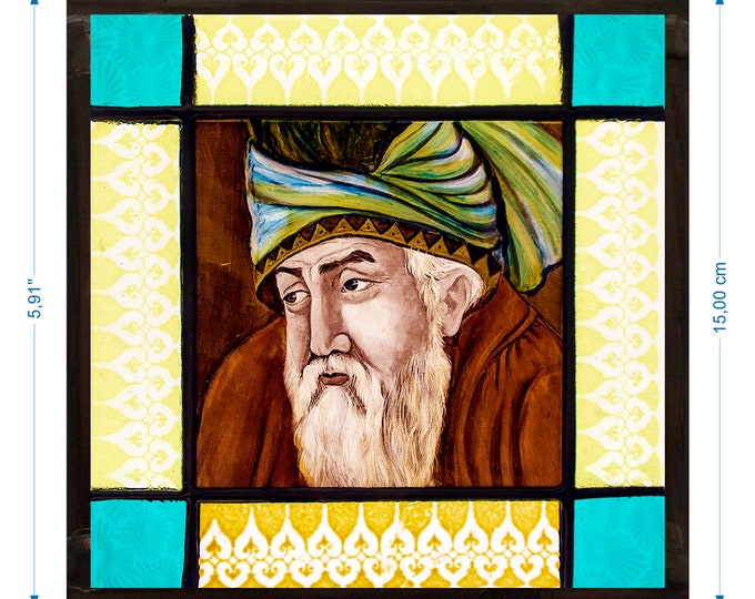 Rumi stained glass suncatcher glasspainting of this spiritual sufi makes great gift for her and him Mevlana mystic and beautiful,شیشه لک شده