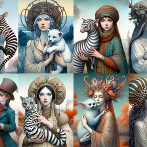 Peut inclure: Une collection de huit impressions d'art numérique présentant des portraits de femmes avec des animaux. Chaque portrait a une palette de couleurs et un style uniques, avec des sujets tenant des zèbres, des léopards et d'autres créatures. L'art a un thème fantastique.