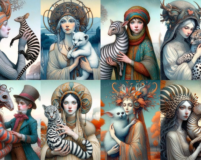 Fantasy Portraits Ceramic Decal Sheet – 8 Fusible Transfers for Pottery, Mysterious Animal Decals, Renaissance, Decoration for Ceramics