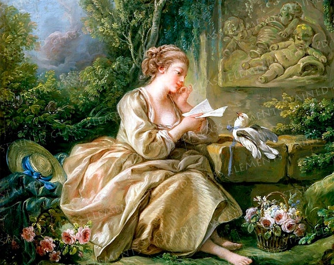 Rococo ceramic decal girl reading secret Letter waterslide transfer for ceramics tiles glass fusing enameling beads firing at 1400-1562 ºF