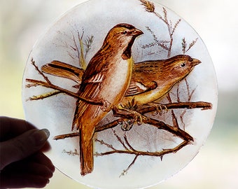 Sparrow kinfired stained glass roundel, sparrow suncatcher, bird, sparrow, moineau vitrail, スズメステンドグラス, Sparv glasmålning, 麻雀彩色玻璃, vitrail