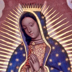 May include: A painting of the Virgin Mary, depicted with a crown of gold and a blue robe with gold stars. She is holding her hands in prayer and has a sorrowful expression on her face.