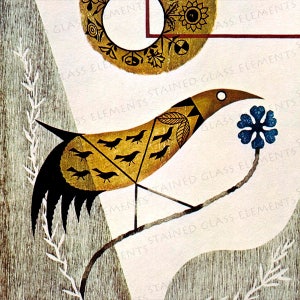 Könnte beinhalten: Ein stilisierter Vogel mit einem langen, gebogenen Schnabel und schwarz-goldenen Flügeln, der auf einem Ast mit einer blauen Blume sitzt. Der Hintergrund ist hellbeige mit einem geometrischen Muster aus überlappenden Kreisen und Quadraten.