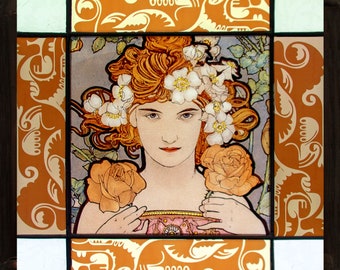 Mucha stained glass, art nouveau suncatcher, Mucha suncatcher, Mucha vitrail, Mucha, suncatcher, Roses, gift, 彩色玻璃, ステンドグラス, Vitráž