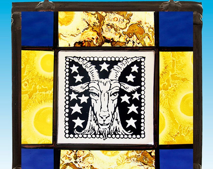 Capricorn stained glass suncatcher, Capricorn suncatcher, zodiac signs, Capricorn stained glass, silverstain, kilnfired stained glass, idea