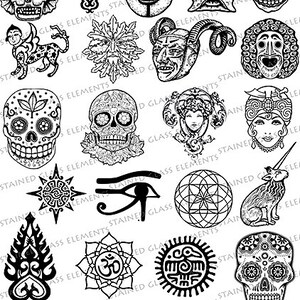 Può includere: Una collezione di 18 illustrazioni in bianco e nero con vari disegni, tra cui teschi, maschere, occhi e creature mitiche. Le illustrazioni sono in stile vintage e sarebbero perfette per l'uso in una varietà di progetti creativi.