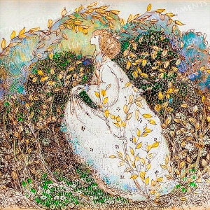 May include: A watercolour painting of a woman in a white dress sitting in a field of green and yellow flowers. The woman is looking up at the sky, and the flowers are blooming around her.