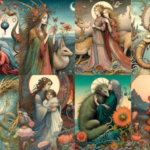 Könnte beinhalten: Eine Sammlung von acht Fantasy-Kunstdrucken mit Frauen mit Kindern und Tieren. Die Illustrationen haben einen Vintage-Stil mit sanften Farben, darunter Blau-, Grün- und Rosatöne. Jedes Bild zeigt eine einzigartige Szene mit floralen und Naturelementen.