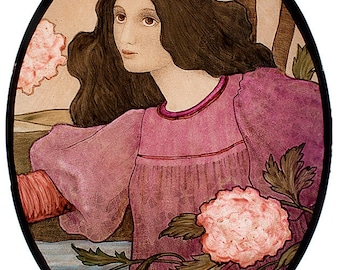 Stained glass roundel, kilnfired glass painting, art nouveau stained glass, handpainted, stained glass, vitrail, classic stained glass