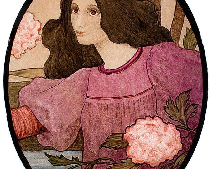 Stained glass roundel, kilnfired glass painting, art nouveau stained glass, handpainted, stained glass, vitrail, classic stained glass