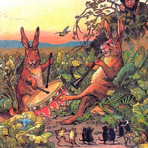 Puede incluir: Dos conejos marrones tocando música en un campo de plantas verdes. Un conejo toca la batería y el otro toca la trompeta. Hay varios animales pequeños negros y marrones bailando frente a los conejos.