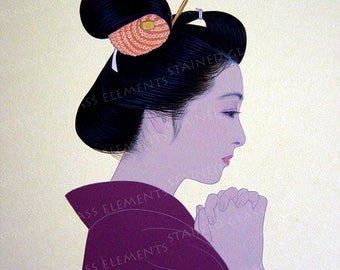May include: A woman with dark hair styled in a bun with a pink and white decorative hair ornament, wearing a deep purple kimono, is looking down with her hands clasped in front of her.