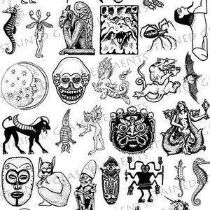 Puede incluir: Una colección de ilustraciones en blanco y negro de criaturas míticas, incluyendo un grifo, una esfinge, una sirena, un dragón, un unicornio, una gárgola, un murciélago, un caballito de mar y una calavera. Las ilustraciones son de estilo vintage y serían perfectas para usar en un proyecto de temática fantástica u horror.