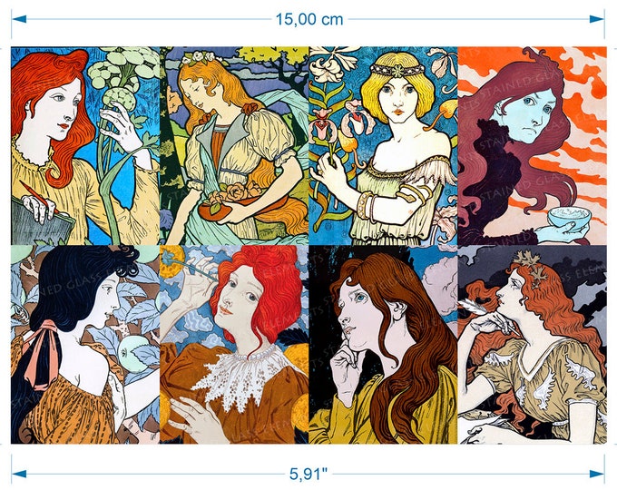 Art Nouveau ceramic decals female portraits Eugène Grasset fusible top quality waterslide transfers for ceramics glass fusing and enameling