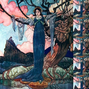 May include: A woman in a blue dress stands in a forest with a large tree behind her. The woman is holding a branch of the tree in her hand. The background is a pink and blue sky with clouds.